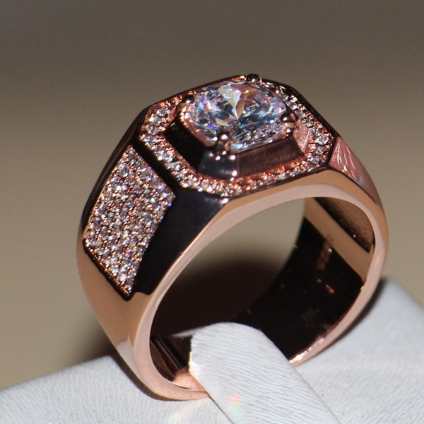 Size 8/9/10/11/12/13 2016 Hot sale Men Jewelry Round cut 8MM topaz 925 sterling silver CZ Diamond Rose gold plated band Ring for love gift