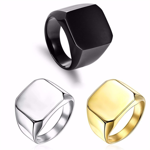 New Fashion Square Big Width Signet Rings Fashion Man Finger Silver Gold Black Men Ring Stainless Steel Jewelry