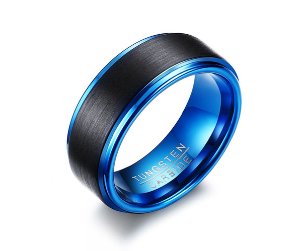 Mens Two Tone Black Blue Tungsten Ring Brushed Center Step Edge 8MM Comfort Fit