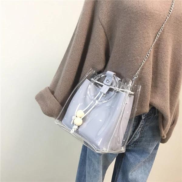 Women's Purse See-through Plastic Bucket Bag Women's Handbag 2018 Summer New Stylish Simple Handbag With A Slanted Mother's Bag