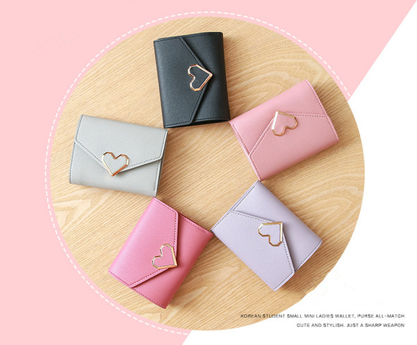 Smooth PU Leather Short Handbag quality metal and easy access Love shape snap purse 3 fold Money clips 5 Colors For Girl Lady