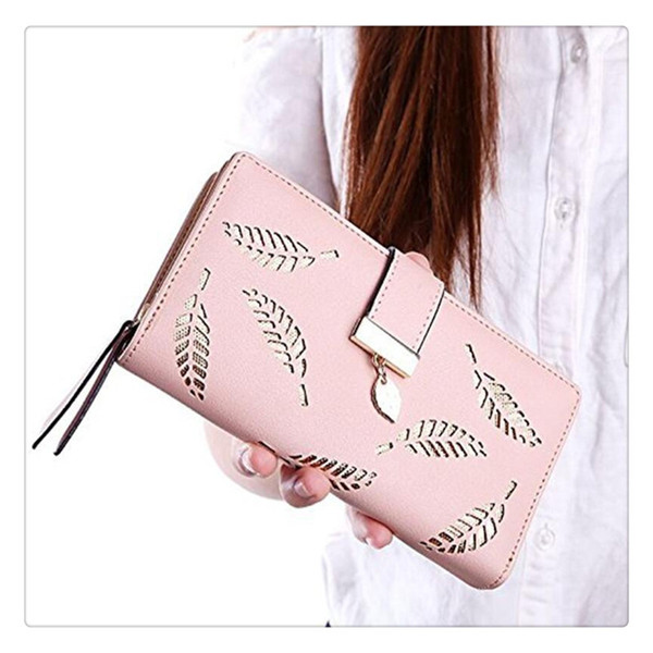 Women Hollow Out Leaf Long Clutch Purse Card Holder Bifold Leather Wallet PU Leather High Quality Purse