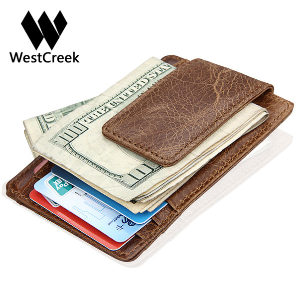 Westcreek Brand Genuine Leather Men Fashion Thin Magnetic Money Clip Vintage Travel Wallets Business Card Case Coin Pocket