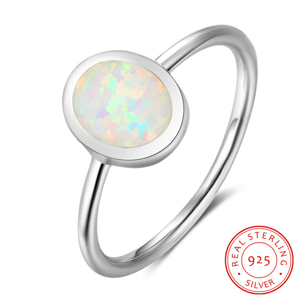 fashion Solitaire Ring Finger Ring 925 Sterling Silver white fire opal oval ring Charm Lady Girls Silver Jewelry