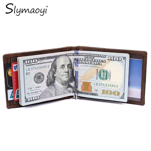 Slymaoyi 2017 Fashion New Genuine Leather Men Money Clips Black Brown 2 Folded Open Clamp For Money With Card Holder Money Bag