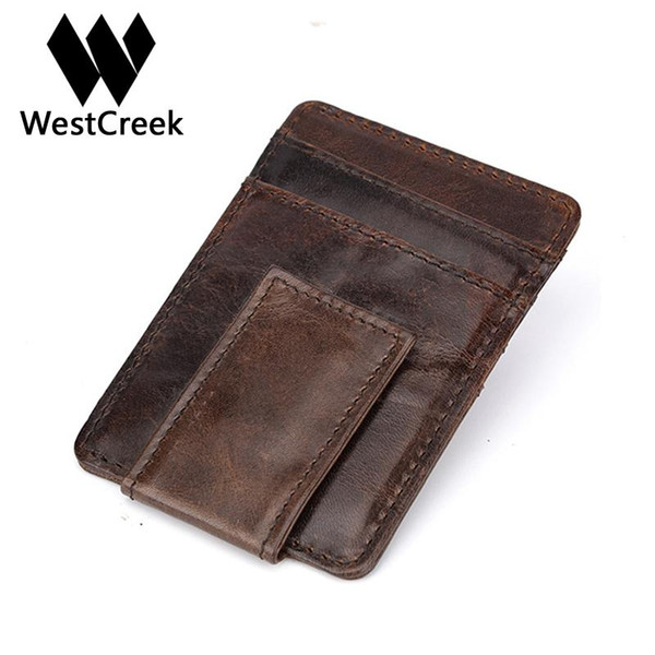 Westcreek enuine Leather Men Vintage Money Clip Front Pocket Clamp For Money Magnet Magic Thin Travel Wallets Card Case