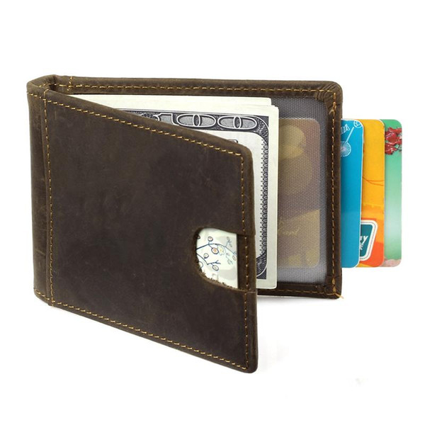 Genuine Leather Men Money Clips RFID Blocking Vintage Pocket Clamp For Money Holder Cowhide Clip Wallet Card ID Case #9006