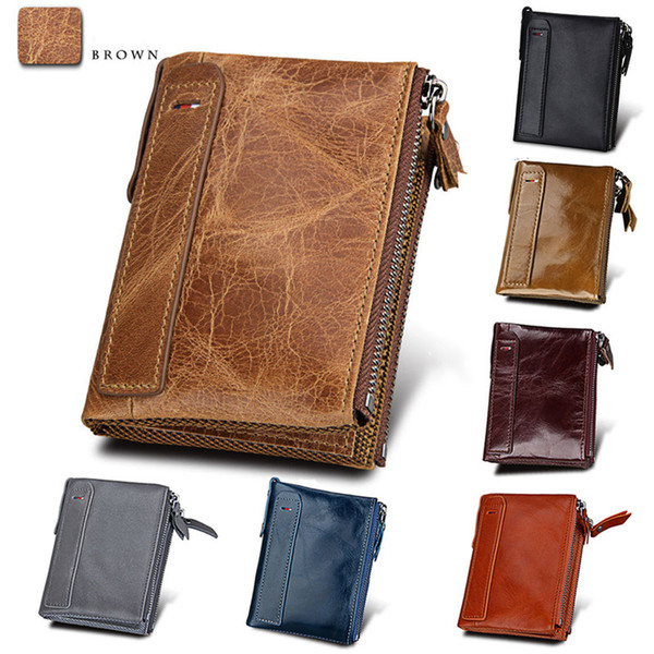 Fashion Money Clip Cowhide Leather Male Wallets Short Purse Coin Pockets Anti RFID Card Holders Double Zipper Wallets For Business