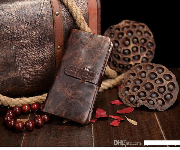 2017 high quality oil wax leather men's leather wallet, leisure retro long wallet, large capacity multi-card, hand bag free shipping