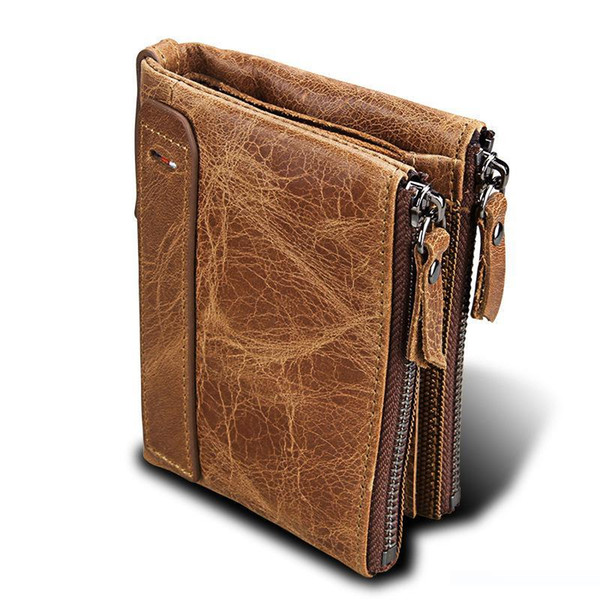 9 colors popular in Europe and America Real leather short men's wallet anti-RFID stolen brush double zipper wallet wholesale