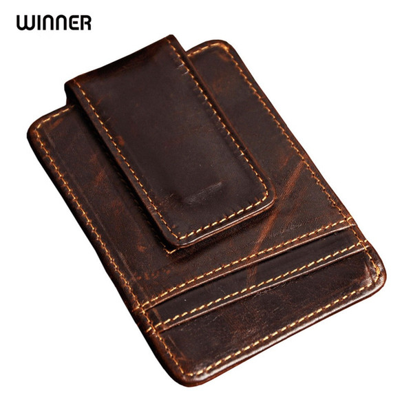 Men Money Clips Vintage Genuine Leather Front Pocket Clamp For Money Holder Magnet Magic Money Clip Wallet With Card Id Case