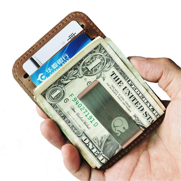 Men money clips vintage genuine leather front pocket clamp for money holder removable clip wallet with card ID Case