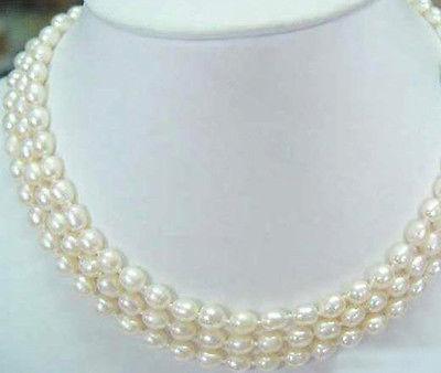 Fashion 3Rows 6-7mm White akoya cultured pearl Rice Beads necklace