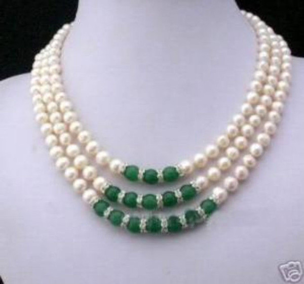 3Rows 7-8MM White Akoya Pearl and Green Jade Necklace