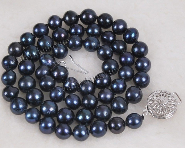 Genuine 8-9MM Natural black akoya pearl necklace 18'' AAA Hand Knotted