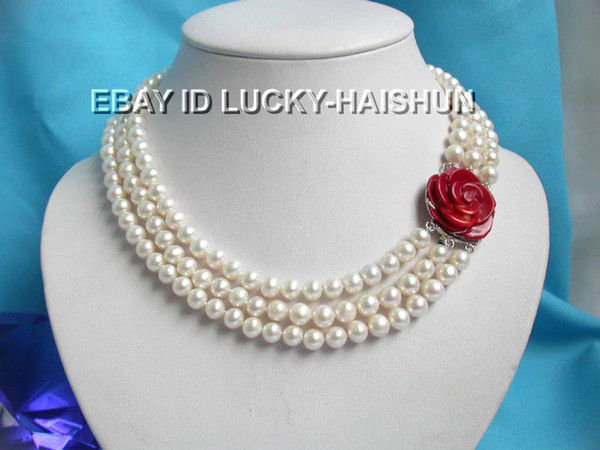 Free Shipping >>>>Elegant! 3stds round white pearls necklace