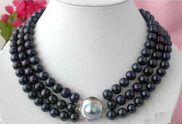 Free Shipping >>>>new 3 ROW 10MM BLACK TAHITIAN PEARL NECKLACE 17-19 INCH SHELL CLASP