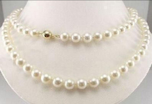 14K Solid Gold 8-9mm Natural AAA White Akoya Pearl Necklace 34