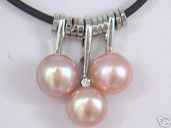 Free Shipping >>>>Manmade 3 Beads pink Pearl Pendant Black Cord Necklace 17