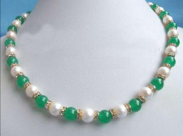 Free Shipping >>>>Excellent Genuine White Pearl Green Jade 18KGP Crystal Necklace 18