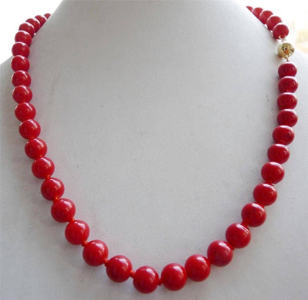 Free Shipping >>>>14K SOLID Gold CLASP 8mm Red Sea Coral Gems Round Bead Necklace 18