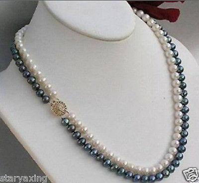 Free Shipping >>>> 2 rows 7-8mm black white freshwater Cultivation pearl necklace 17-18