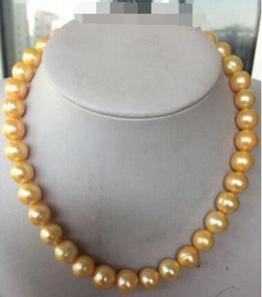 Free Shipping >>>>Huge 10-9MM beautiful South Sea breeding gold pearl necklace 18 