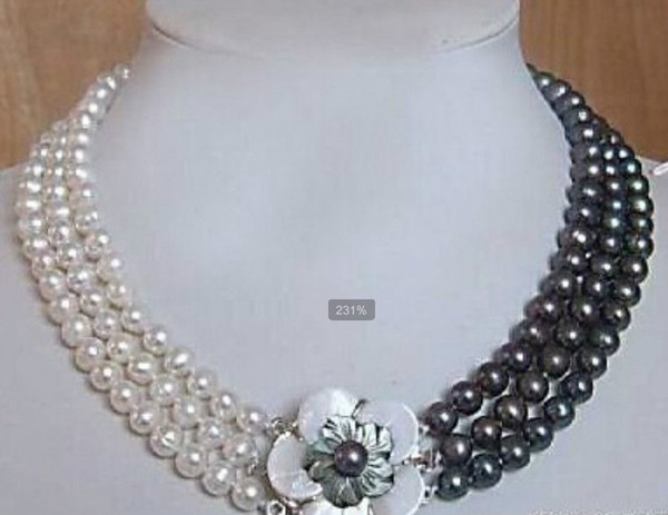 Free Shipping >>>>3rows 7-8mm white&black Freshwater Akoya Pearl Necklace