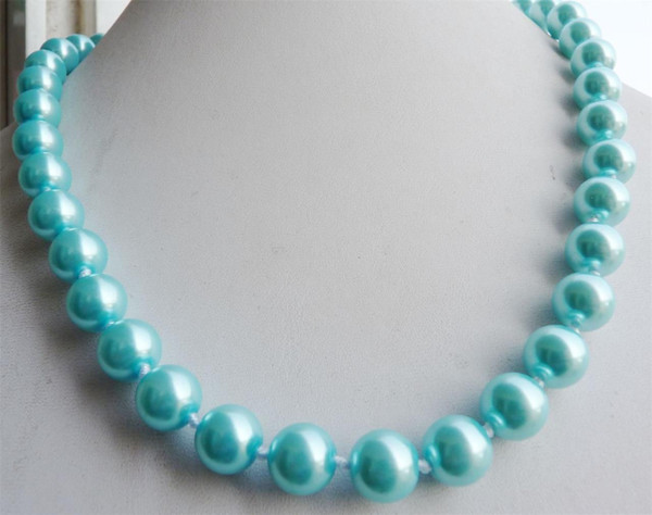 Free Shipping >>>>Prety 10mm Blue South Sea Shell Pearl Round Beads Necklace AAA