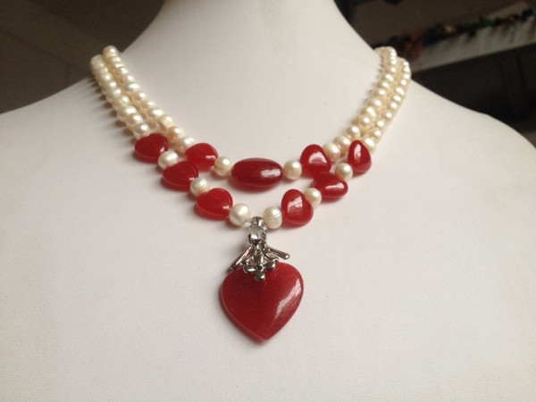 Free Shipping >>>>charming ! 2Rows White Pearl & Red Ruby Heart Jewelry Necklace