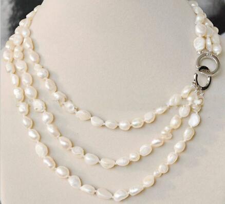 Free Shipping >>>>NEW 3 Rows 8-9mm real baroque white freshwater pearl jewelry necklace 18-21''