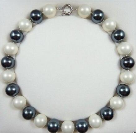 Free Shipping >>>>Rare Natural 14mm White Black South Sea Shell Pearl Round Beads Necklace 18''