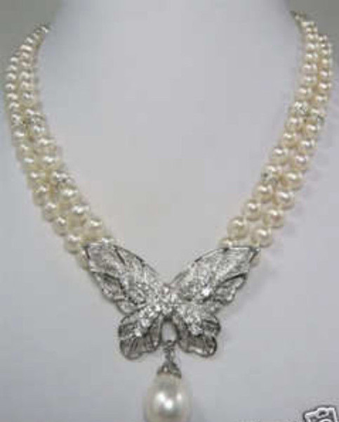 Free Shipping >>>> 2 rows White Pearl butterfly pendant necklace