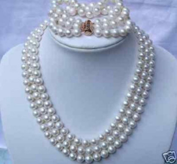 Free Shipping >>>>3ROW WHITE FRESHWATER PEARL NECKLACE & BRACELETS A++ 17-19