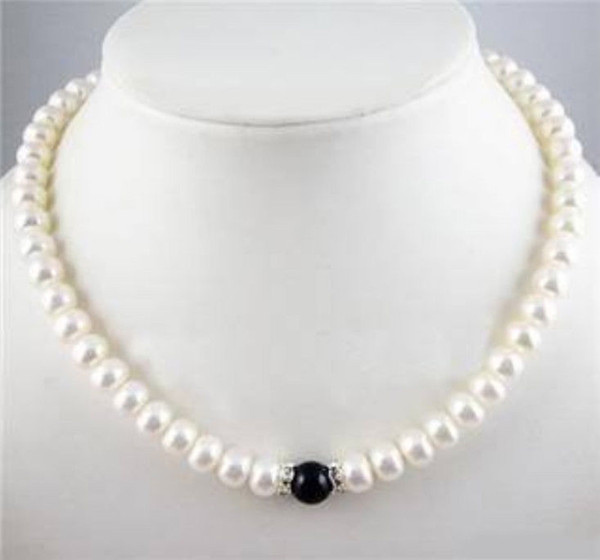 Free Shipping >>>>charming 7-8mm White FW Pearl + Black Agate Necklace 18