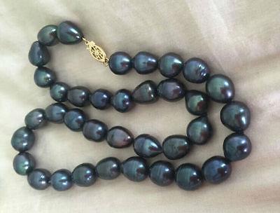 Free Shipping >>>>NEW 10-12mm baroque tahitian black green pearl necklace 18inch 18K GP