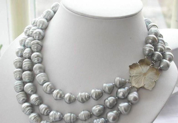 Free Shipping >>>> triple strands 11-13mm natural south sea gray baroque pearl necklace 17-19