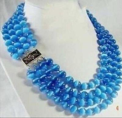 Free Shipping >>>>RARE 4 ROWS 8MM BLUE REAL OPAL JADE BEAD NECKLACE