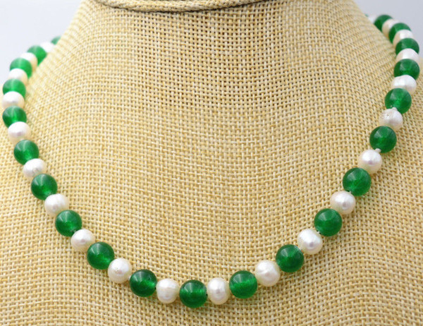 Free Shipping >>>>New 7-8MM White Akoya Pearl & Green Emerald Necklace 18