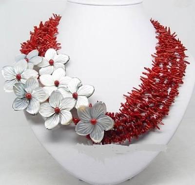 Free Shipping >>>> Charming !!! natural red coral shell flower necklace