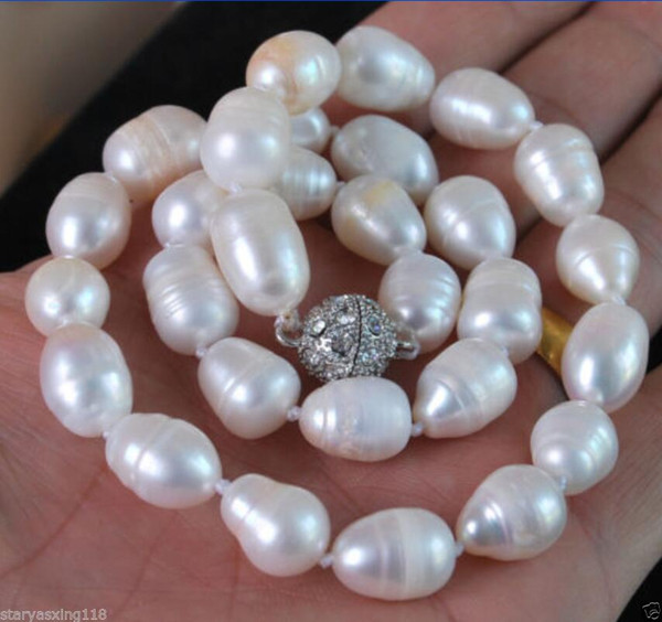 Genuine Natural 9-10MM white freshwater cultured pearl necklace Magnet Clasp 18