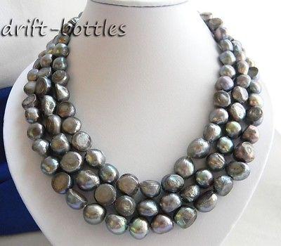 3Strands 18'' 8-9MM Baroque Gray Freshwater Pearl Necklace