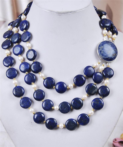 Natural 3 Rows White Akoya Cultured Pearl & Coin Lapis Lazuli Necklace