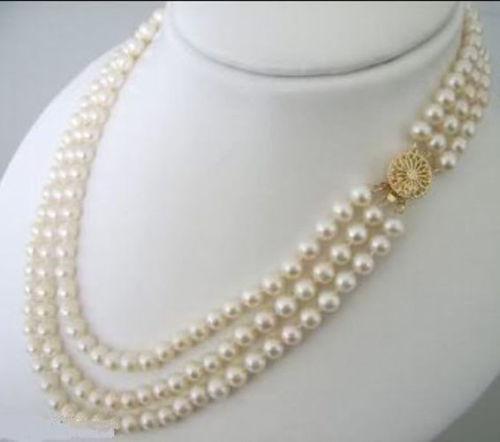 3 Rows 7-8mm White Akoya Cultured Pearls Necklace