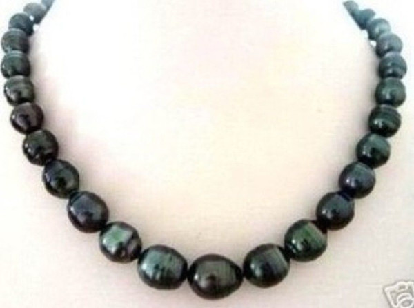18''10-12mm baroque Natural tahitian black pearl necklace 14K