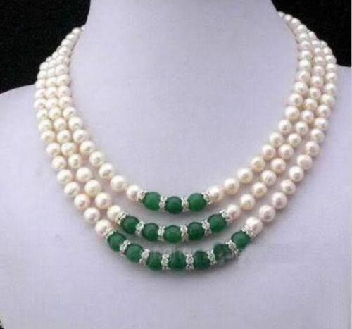 Triple strands AAA 8-9 mm green jade+South Sea white Pearl Necklace 14k Gold
