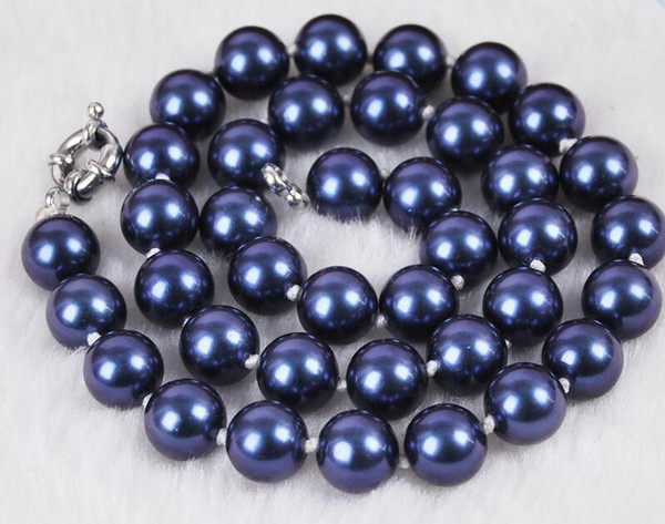 10mm South Dark Blue Shell Pearl Round Beads Necklace 18
