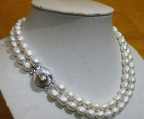 RARE 2 ROWS 10-12MM WHITE AKOYA BAROQUE PEARL NECKLACE 17-18