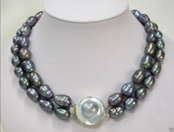 AAA 8-9mm Black Rice Pearl Necklace + Mabe pearl Clasp 17