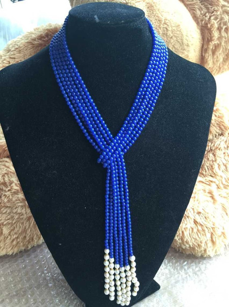 New charming 4mm blue lapis lazuli bead & White Pearl Necklace 50